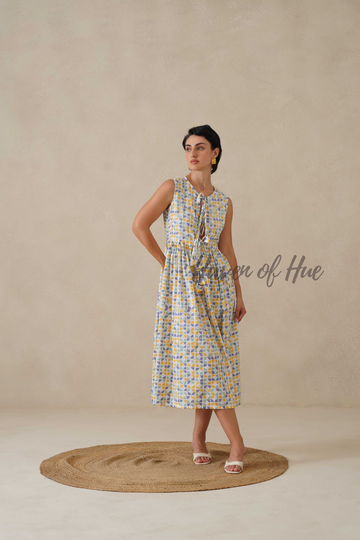 Cotton Midi Dress Sleeveless Boho Geometric Print Summer Sundress for Women - Relaxed Fit Casual A-Line Dress