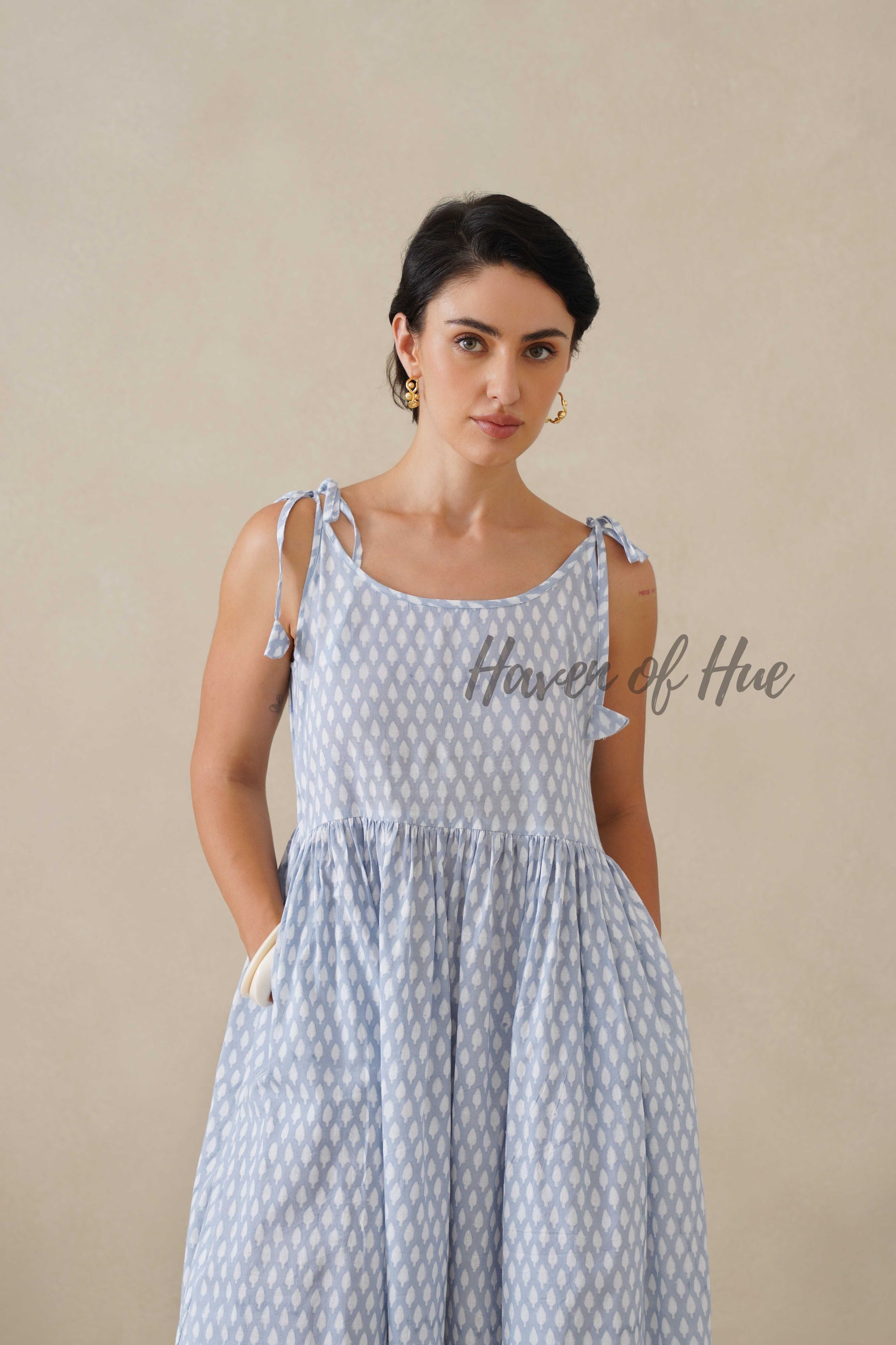 Blue Printed Cotton Dress | Tie Shoulder Summer Midi Dress