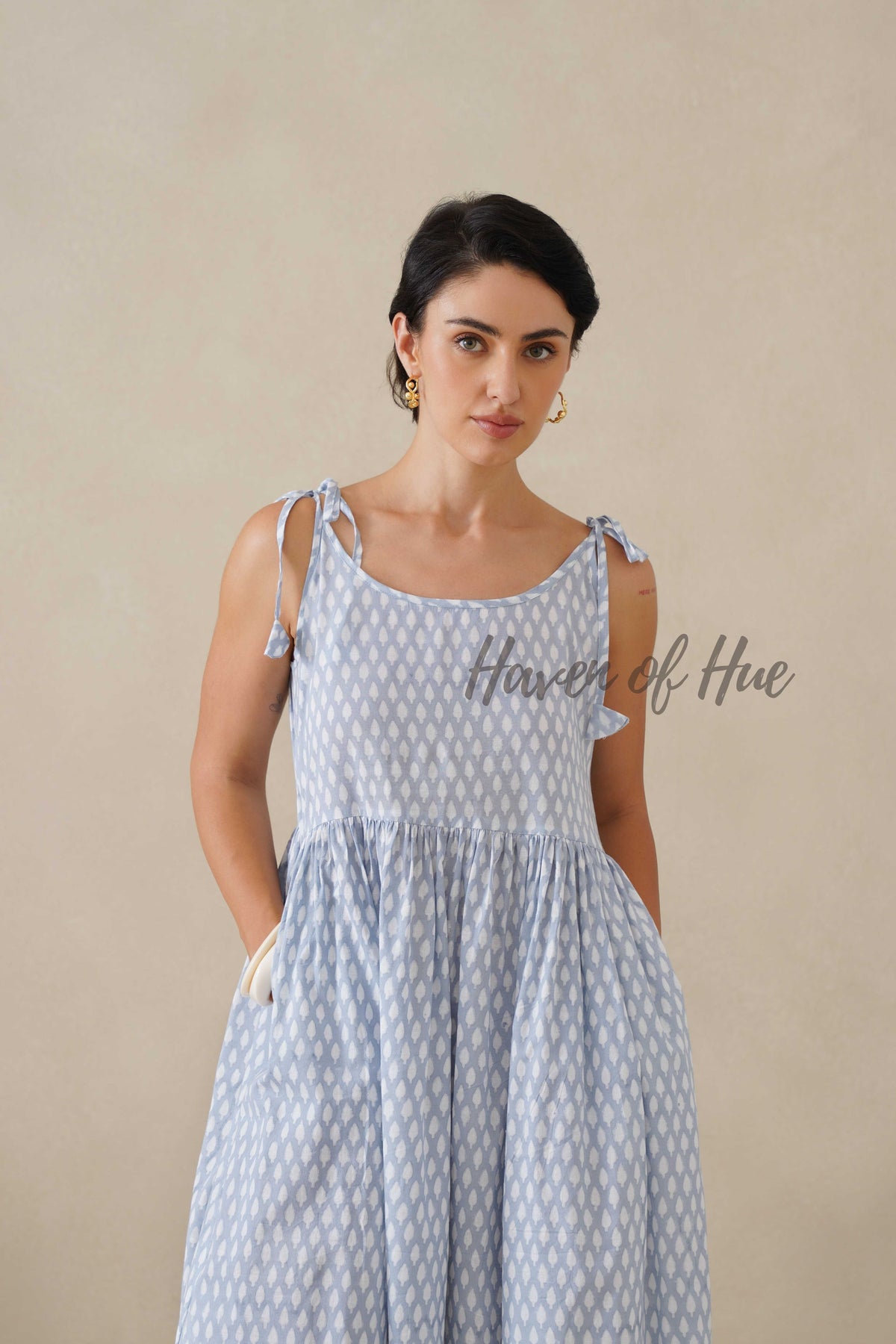 Blue Printed Cotton Dress | Tie Shoulder Summer Midi Dress