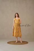 Yellow Floral Midi Dress Hand Block Print Cotton