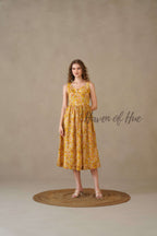 Yellow Floral Midi Dress Hand Block Print Cotton