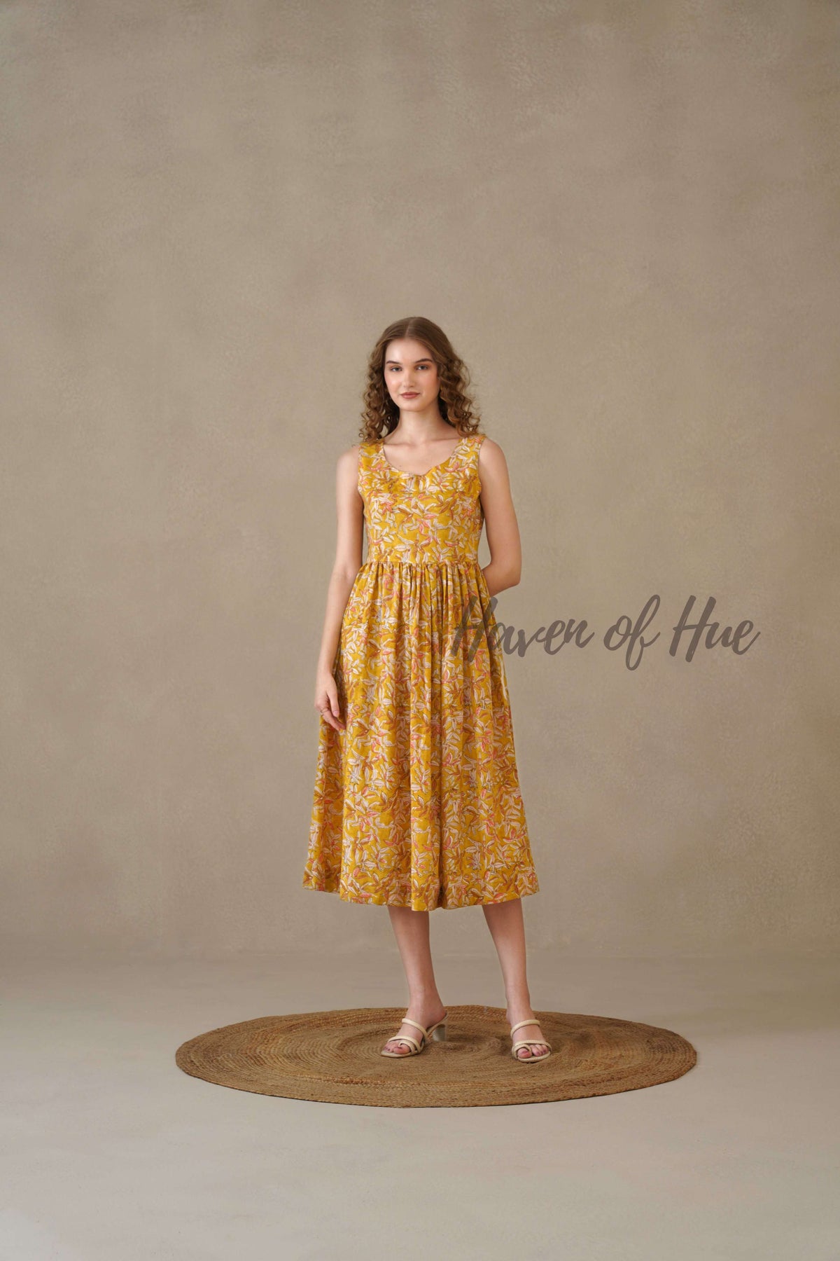 Yellow Floral Midi Dress Hand Block Print Cotton