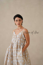 Beige Floral Cotton Dress | Sleeveless Button Down Midi Dress