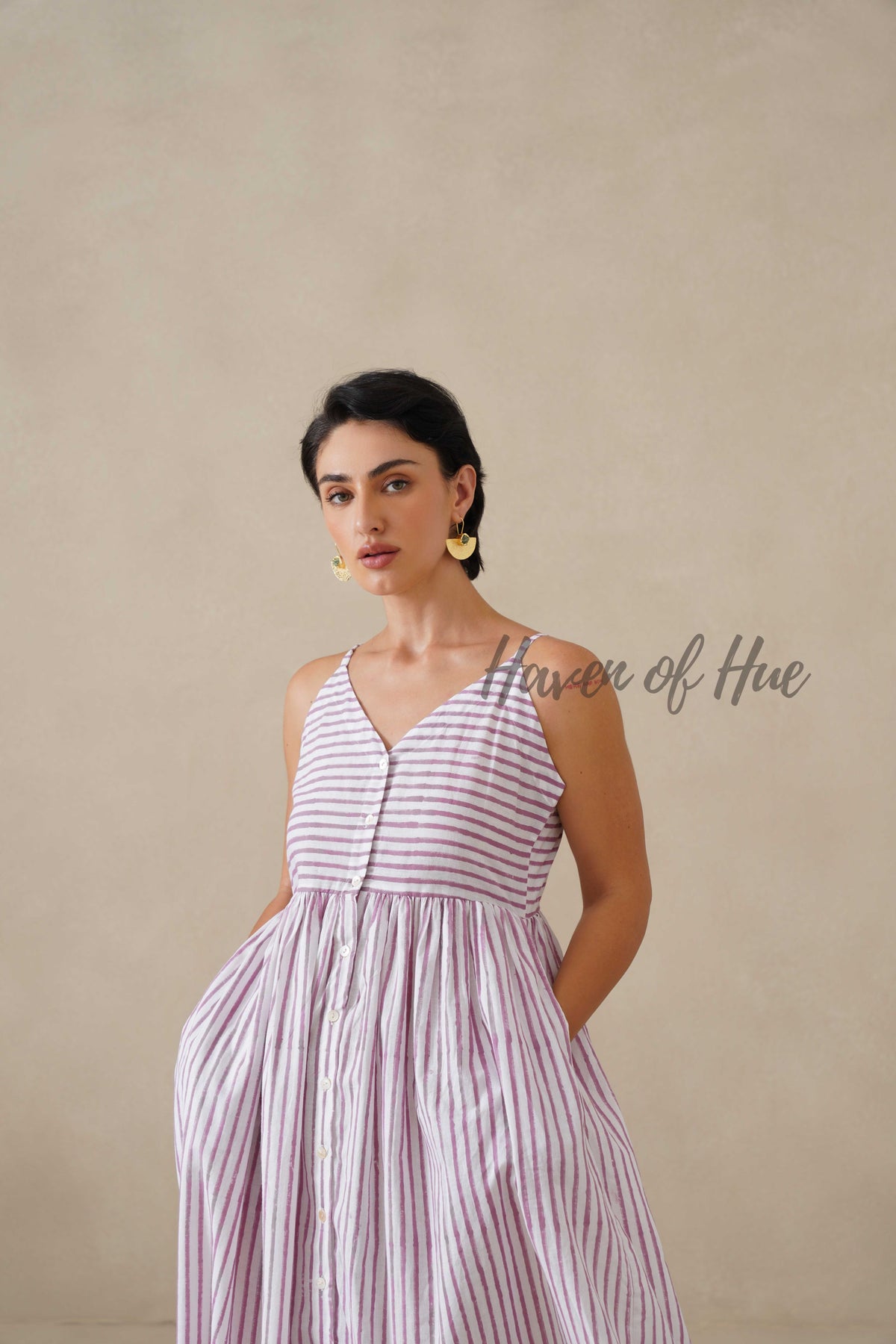 Purple Striped Cotton Dress | Sleeveless Button Down Midi Dress