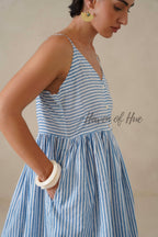 Blue Striped Cotton Dress | Sleeveless Button Down Midi Dress