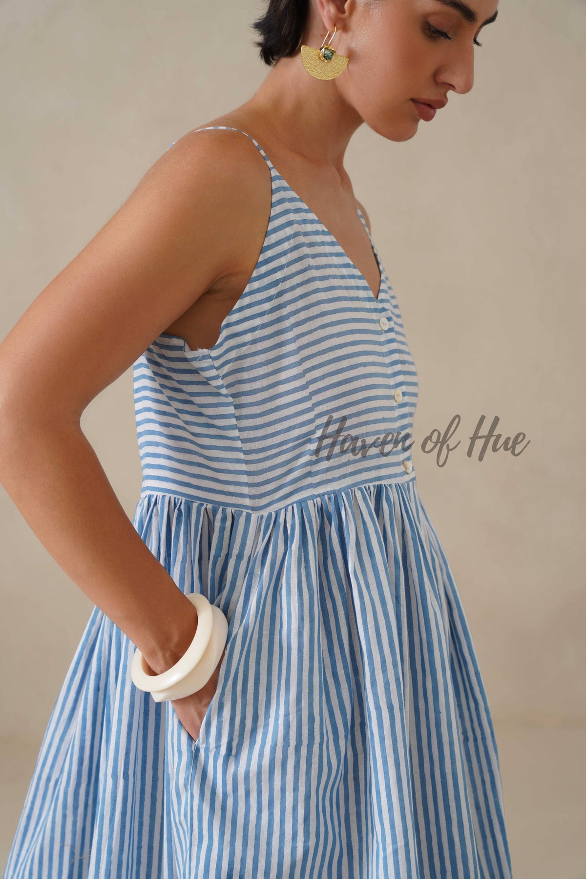 Blue Striped Cotton Dress | Sleeveless Button Down Midi Dress