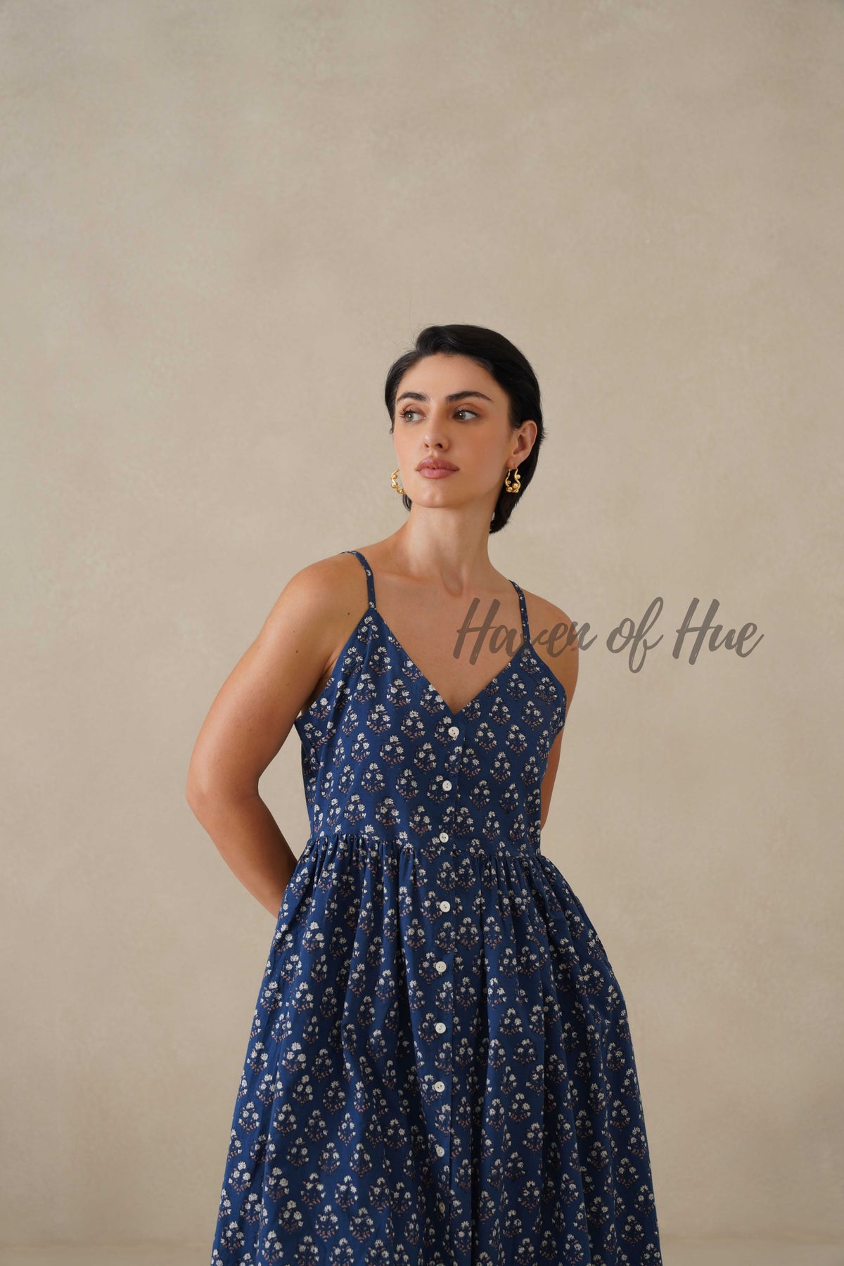 Navy Floral Cotton Dress | Sleeveless Button Down Midi Dress