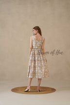 Brown Sleeveless Cotton Dress with White Floral Print