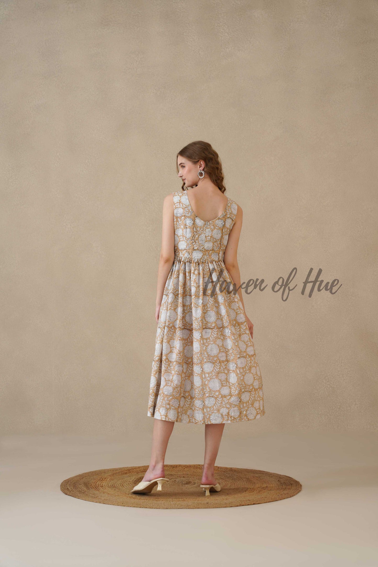 Brown Sleeveless Cotton Dress with White Floral Print
