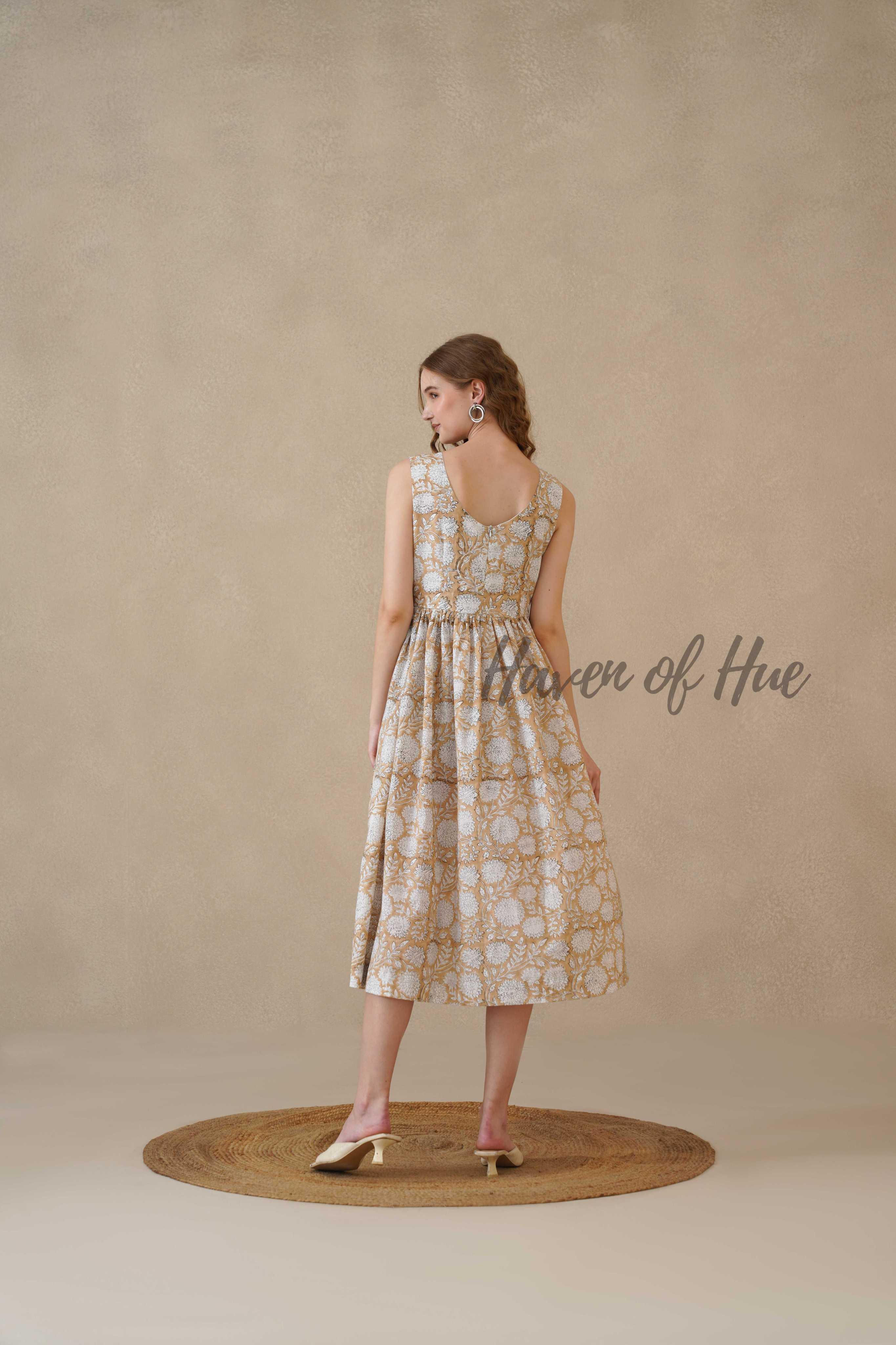 Brown Sleeveless Cotton Dress with White Floral Print