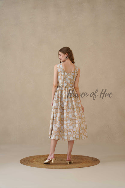 Brown Sleeveless Cotton Dress with White Floral Print