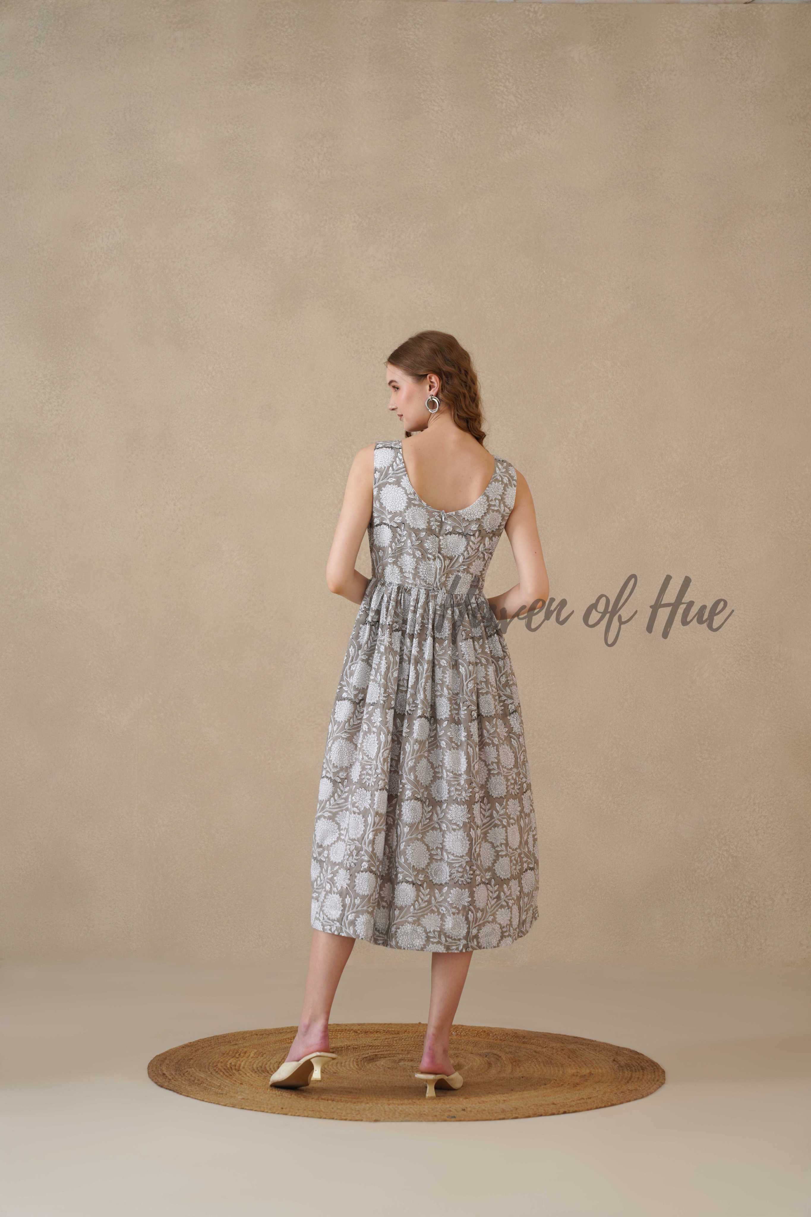 Grey Sleeveless Cotton Dress with Artisan Block Print