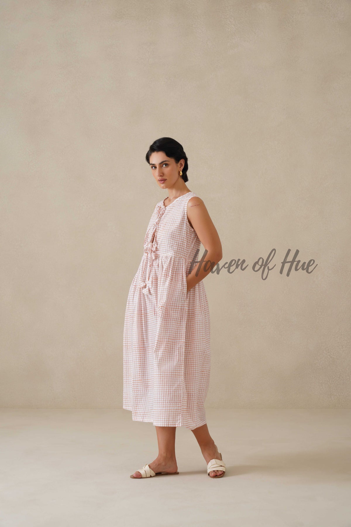 Check Cotton Midi Dress for Women, Orange Sleeveless Summer Sundress