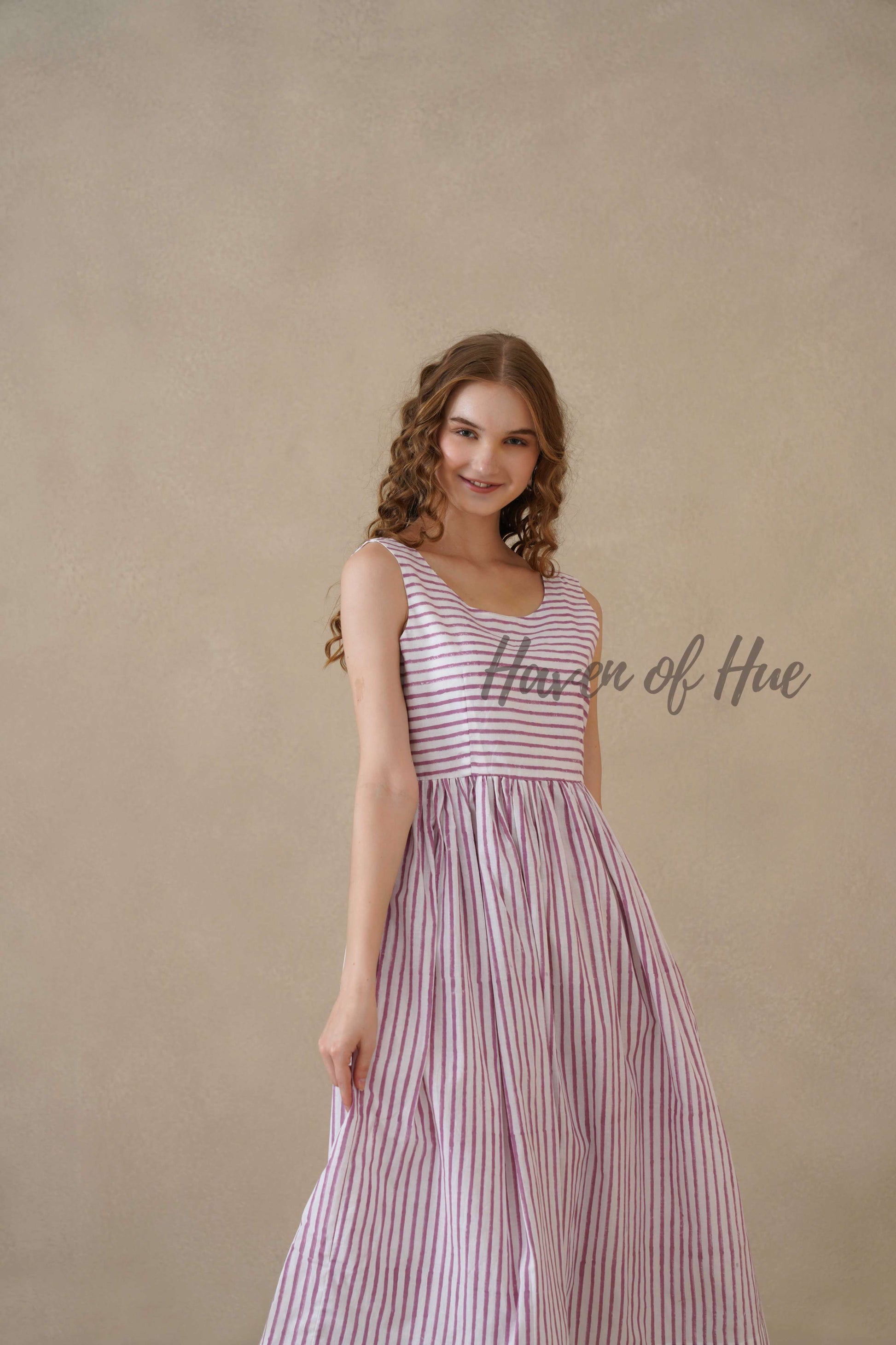 Purple Sleeveless Cotton Dress with Nautical Stripe Print
