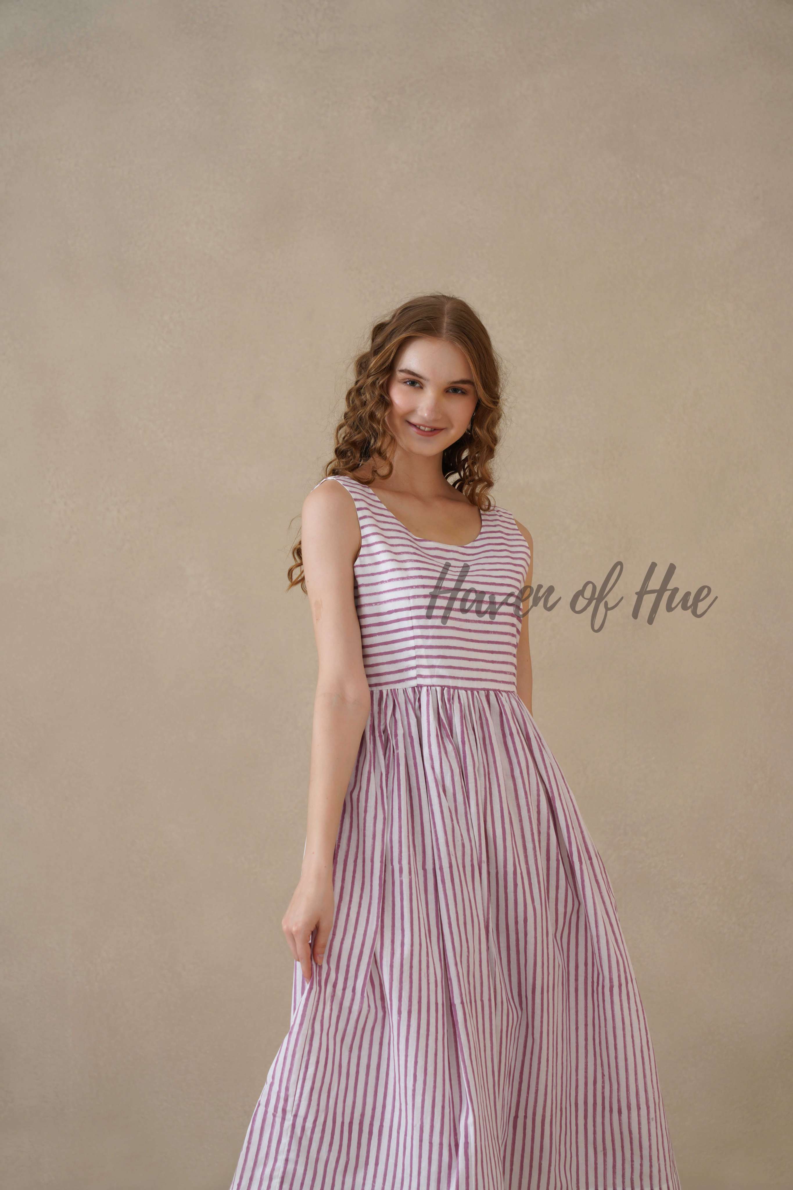 Purple Sleeveless Cotton Dress with Nautical Stripe Print