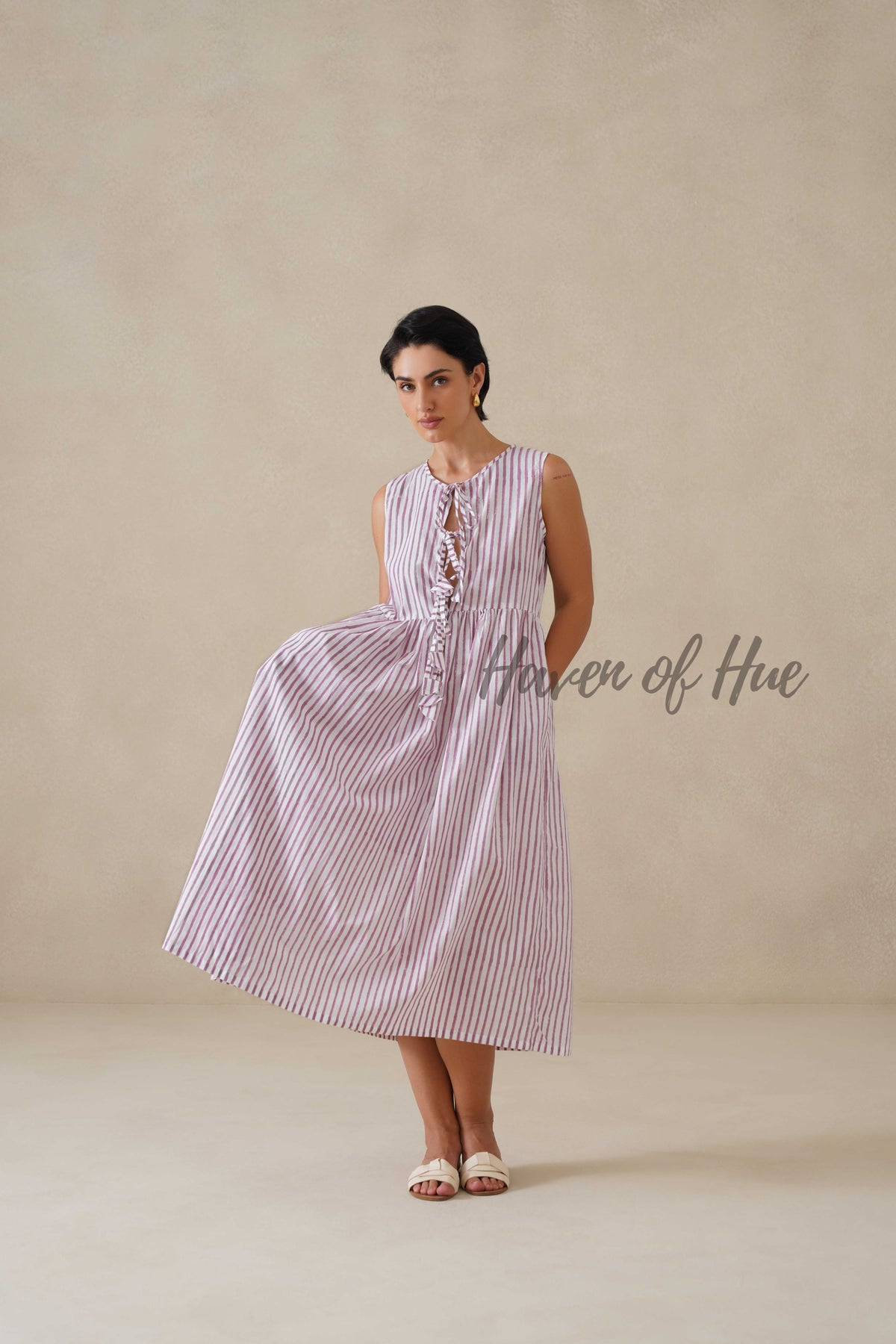 Striped Cotton Midi Dress for Women, Purple Sleeveless Summer Sundress