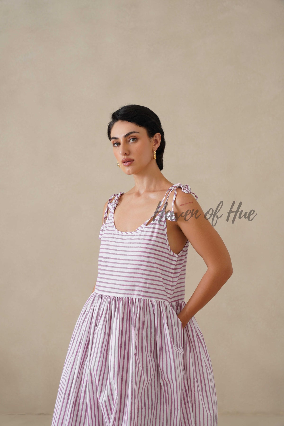 Purple Striped Cotton Dress | Tie Shoulder Summer Midi Dress