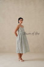 Cotton Midi Dress for Women, Green Floral Strappy V-Neck Summer Sundress