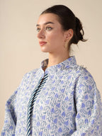 Women’s Blue Floral Cotton Quilted Long Jacket Lightweight Boho Embroidered Outerwear