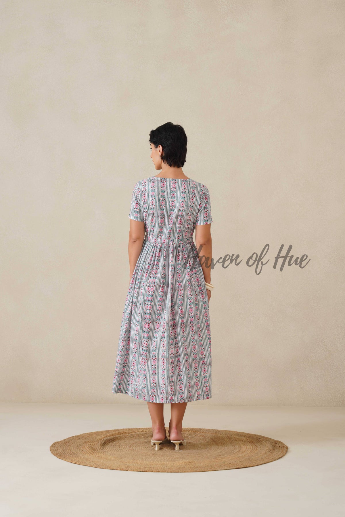 White Floral Striped Cotton Midi Dress - Teal Boho Summer Dress