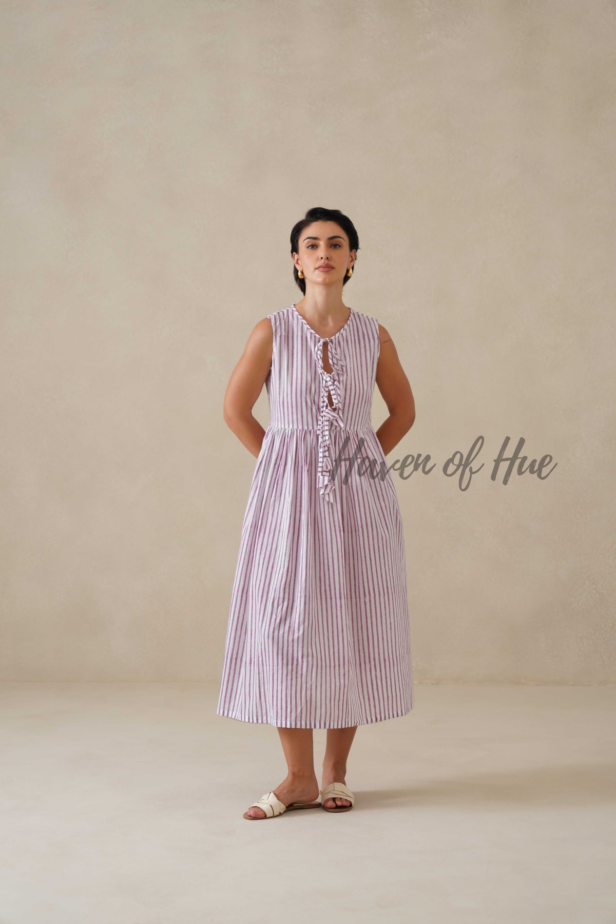 Striped Cotton Midi Dress for Women, Purple Sleeveless Summer Sundress