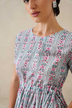 White Floral Striped Cotton Midi Dress - Teal Boho Summer Dress