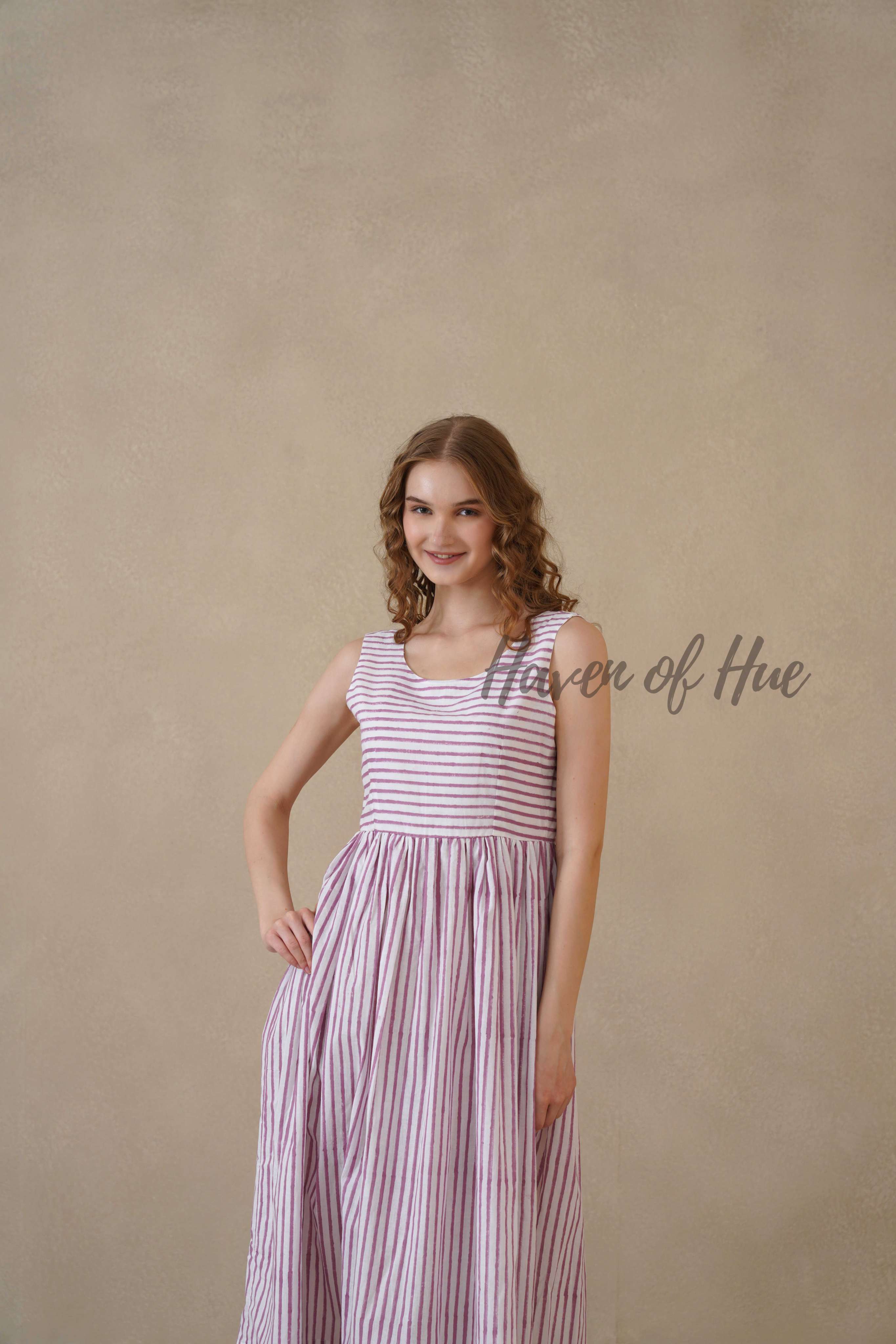 Purple Sleeveless Cotton Dress with Nautical Stripe Print