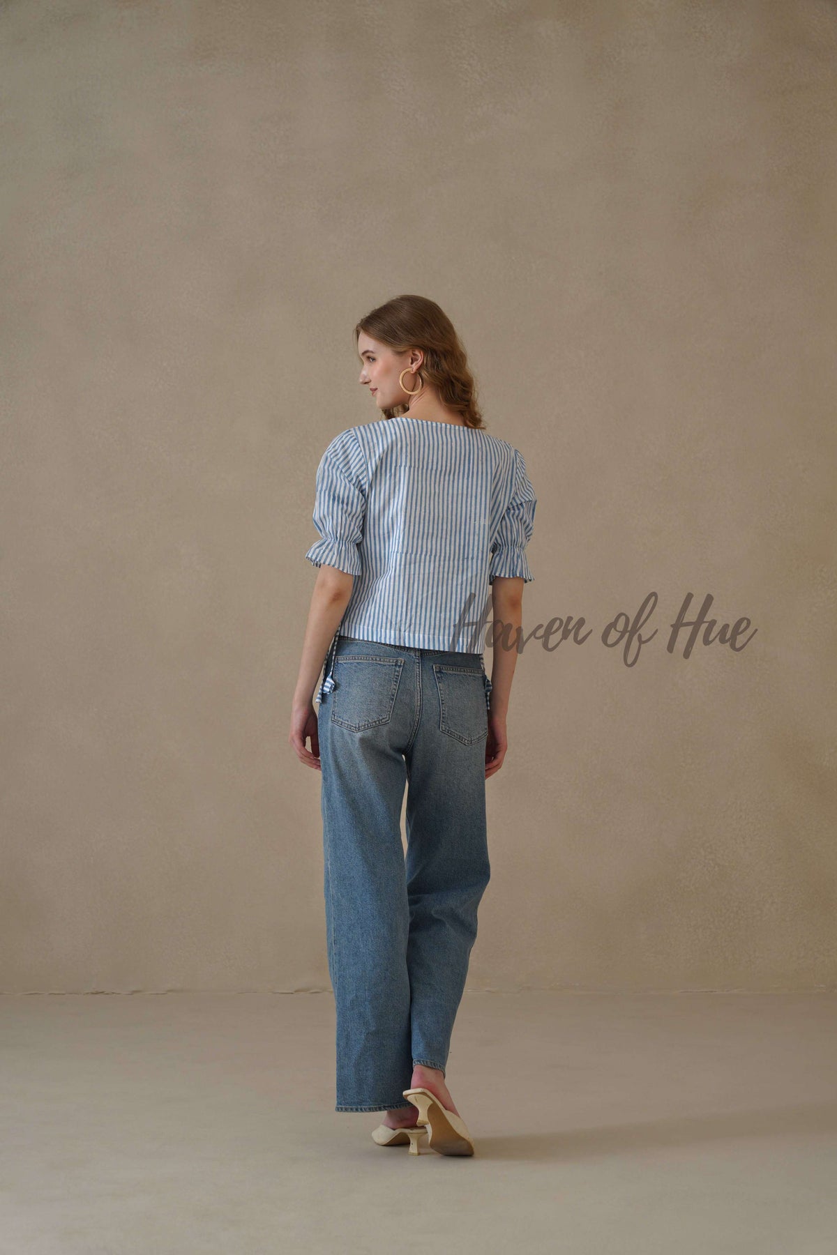 Women’s Blue and White Striped Cotton Wrap Top with Puff Sleeves