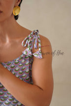 Cotton Midi Dress Summer Floral Print Tie-Strap A-Line Casual Sun Dress - Lavender & Sage Green