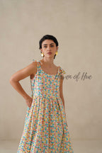 Cotton Midi Dress Summer Colorful Geometric Print Tie-Strap A-Line Casual Sun Dress - Multicolor Pastel