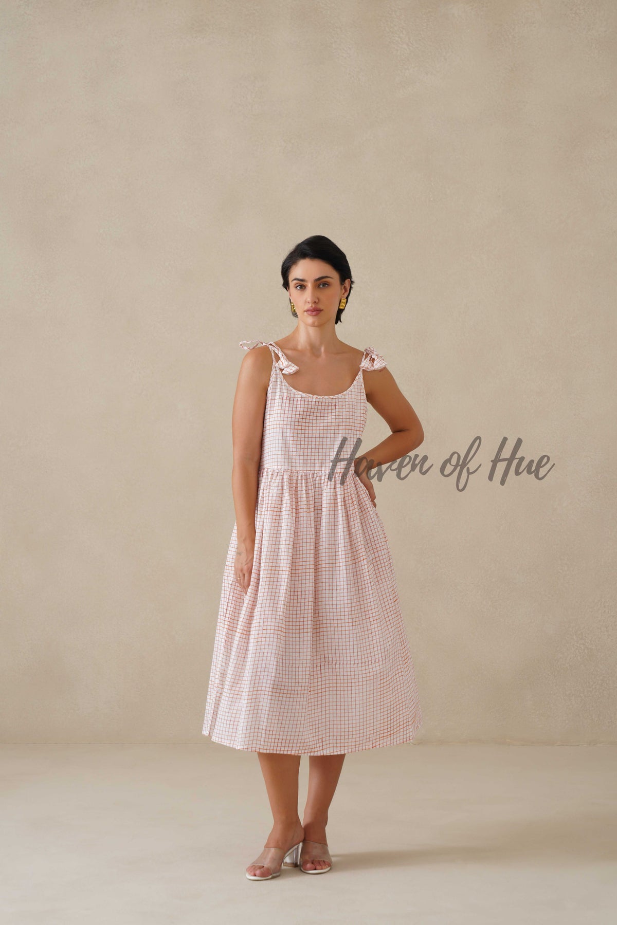 Cotton Midi Dress Summer Gingham Plaid Tie-Strap A-Line Casual Sun Dress - Red & White