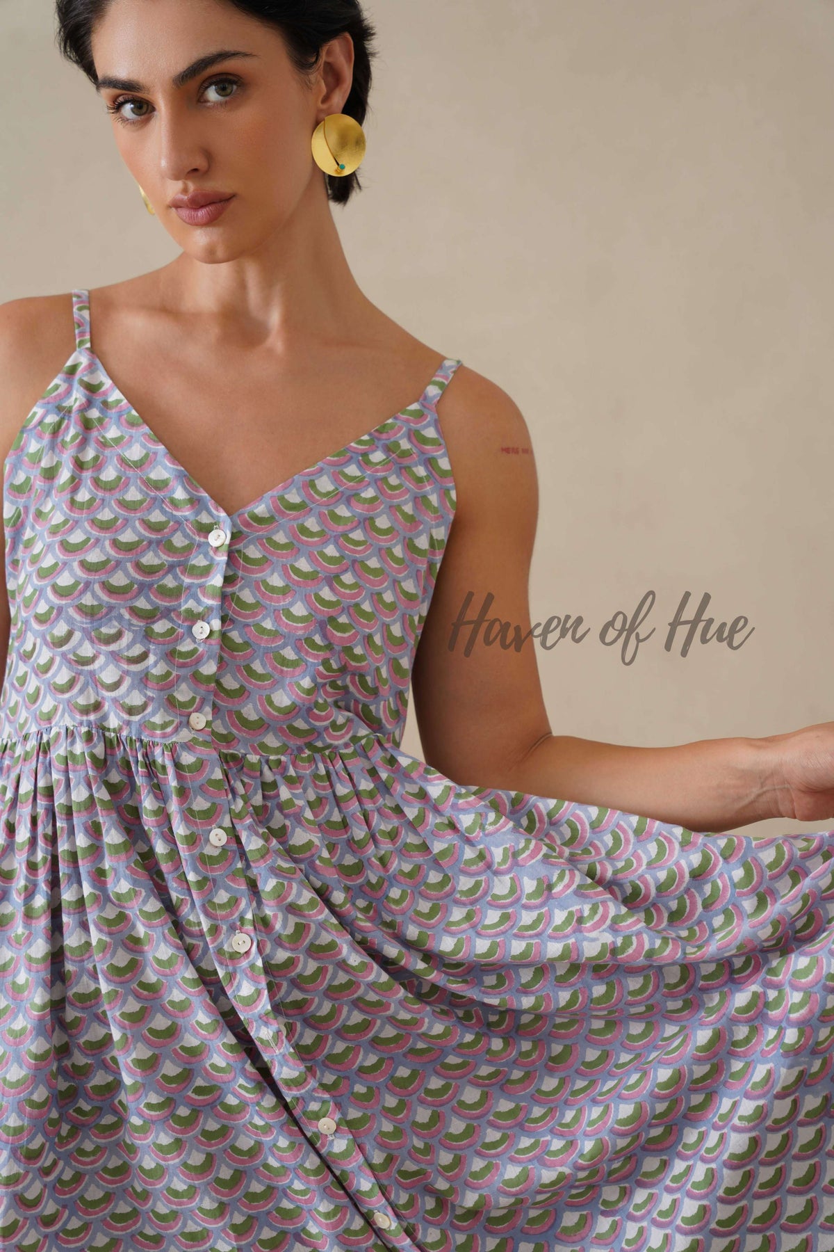 Cotton Midi Dress Summer Boho Lavender Floral Button-Front V-Neck Sun Dress for Women