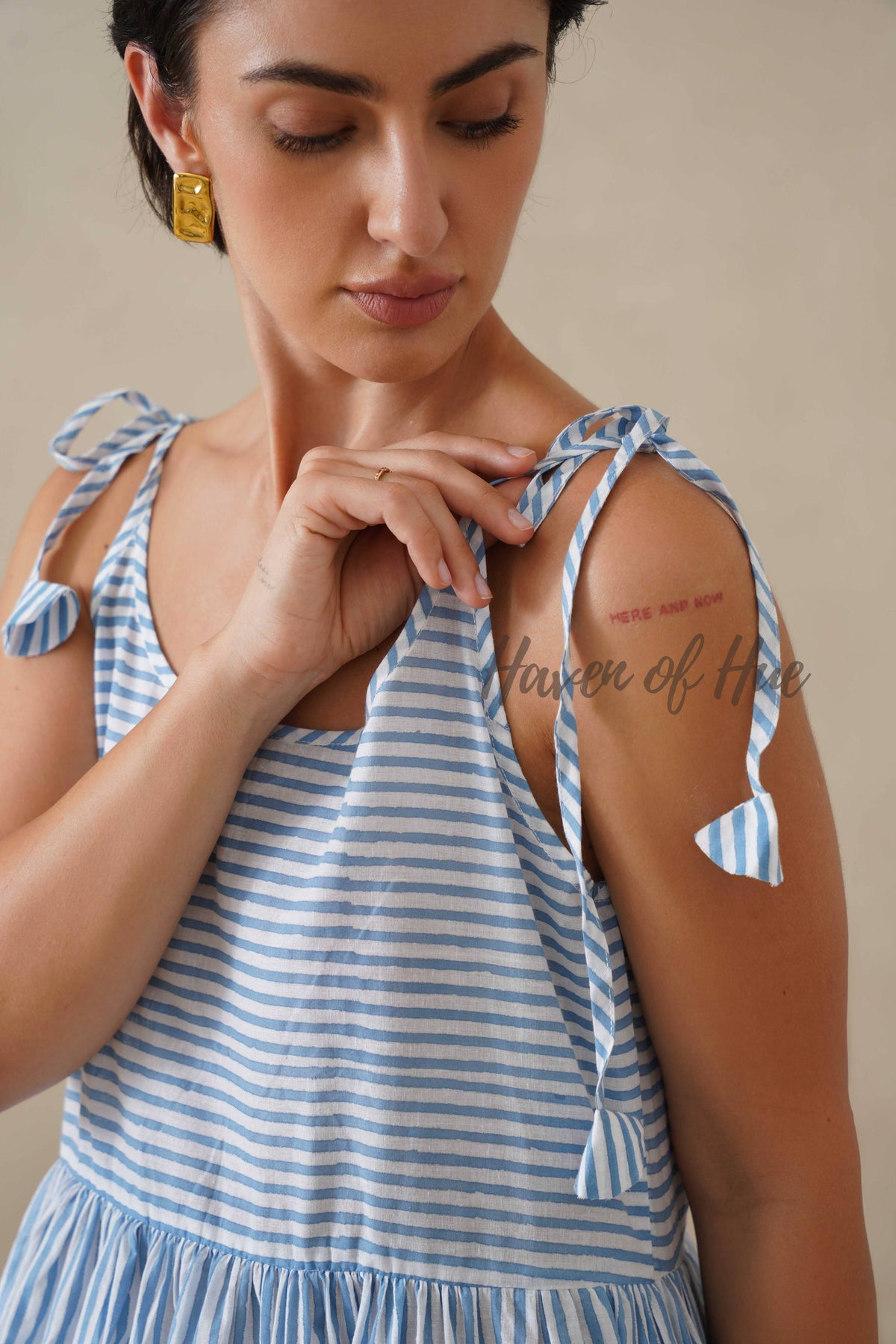 Cotton Midi Dress Summer Striped Tie-Strap A-Line Casual Sun Dress - Light Blue & White