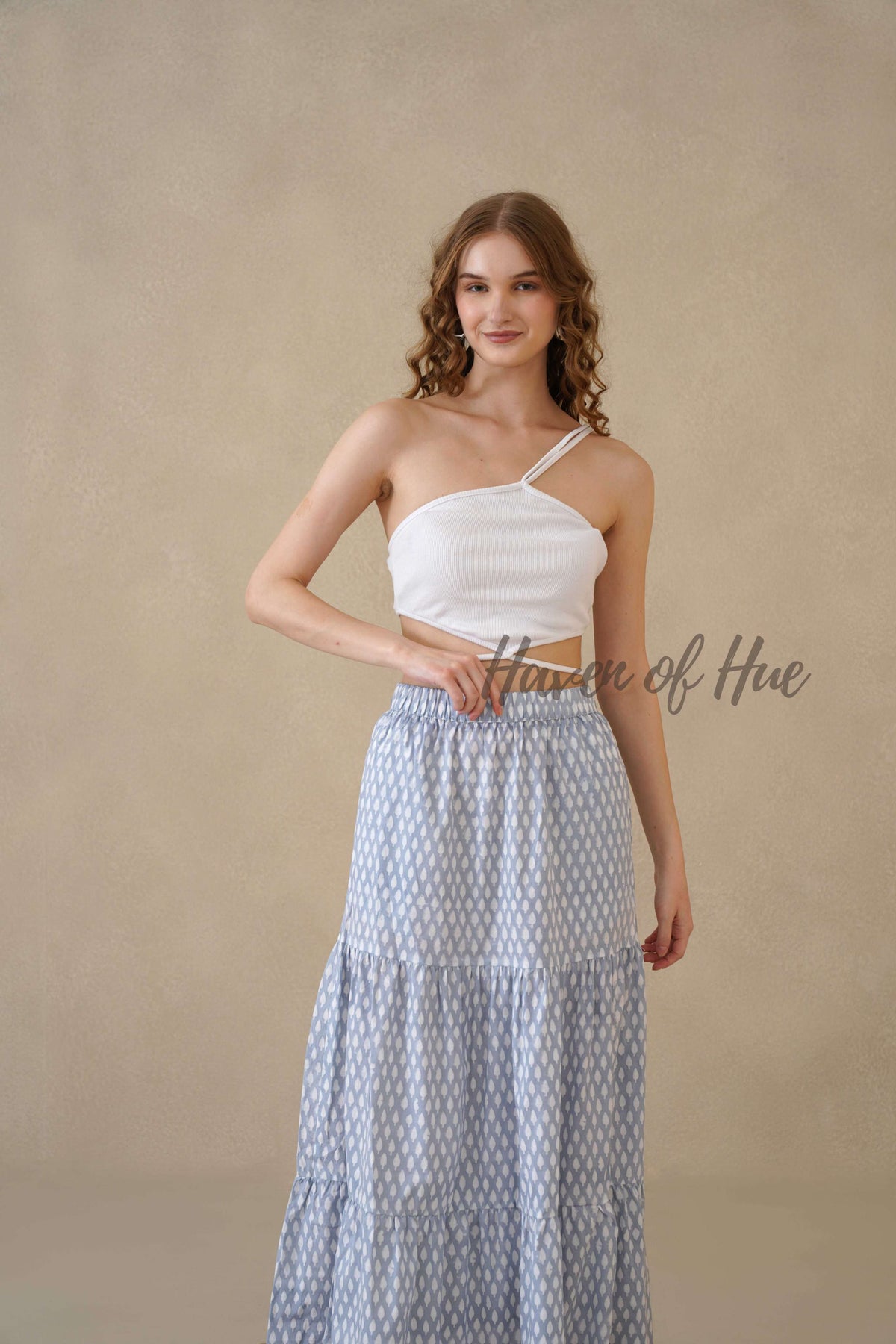 Women’s Blue Diamond Print Cotton Boho Tiered Maxi Skirt for Summer