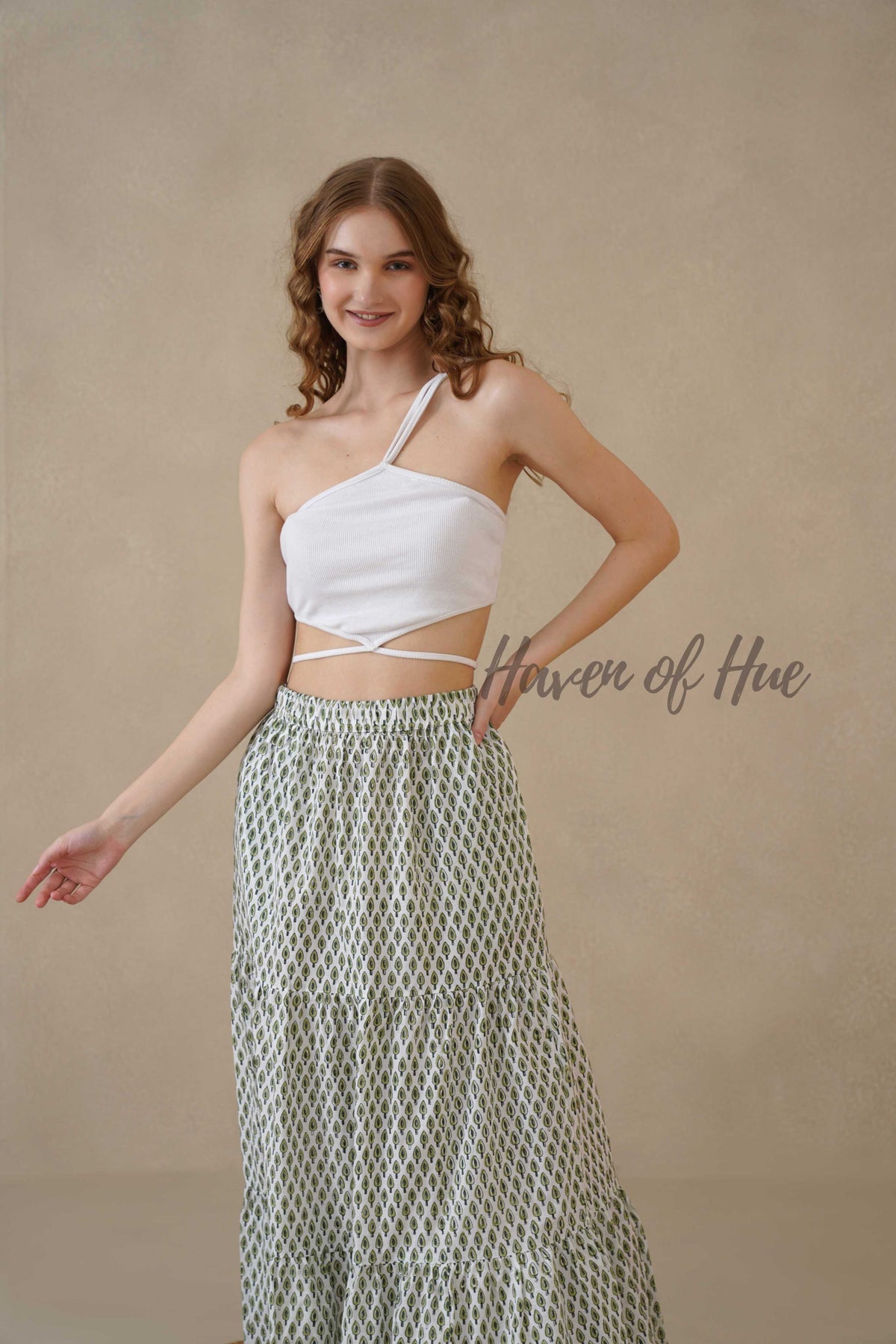 Women’s Sage Green Floral Print Cotton Boho Tiered Maxi Skirt