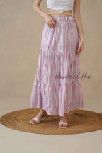 Women's Pink and White Striped Cotton Boho Tiered Maxi Skirt for Summer