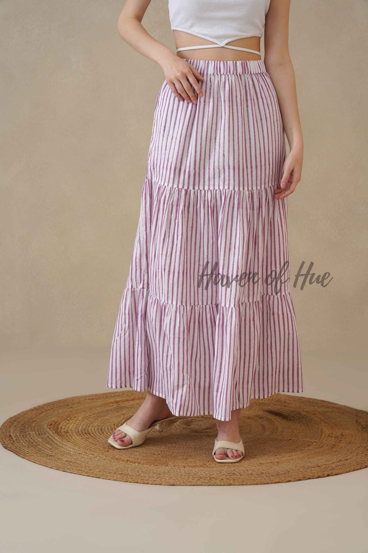 Women's Pink and White Striped Cotton Boho Tiered Maxi Skirt for Summer