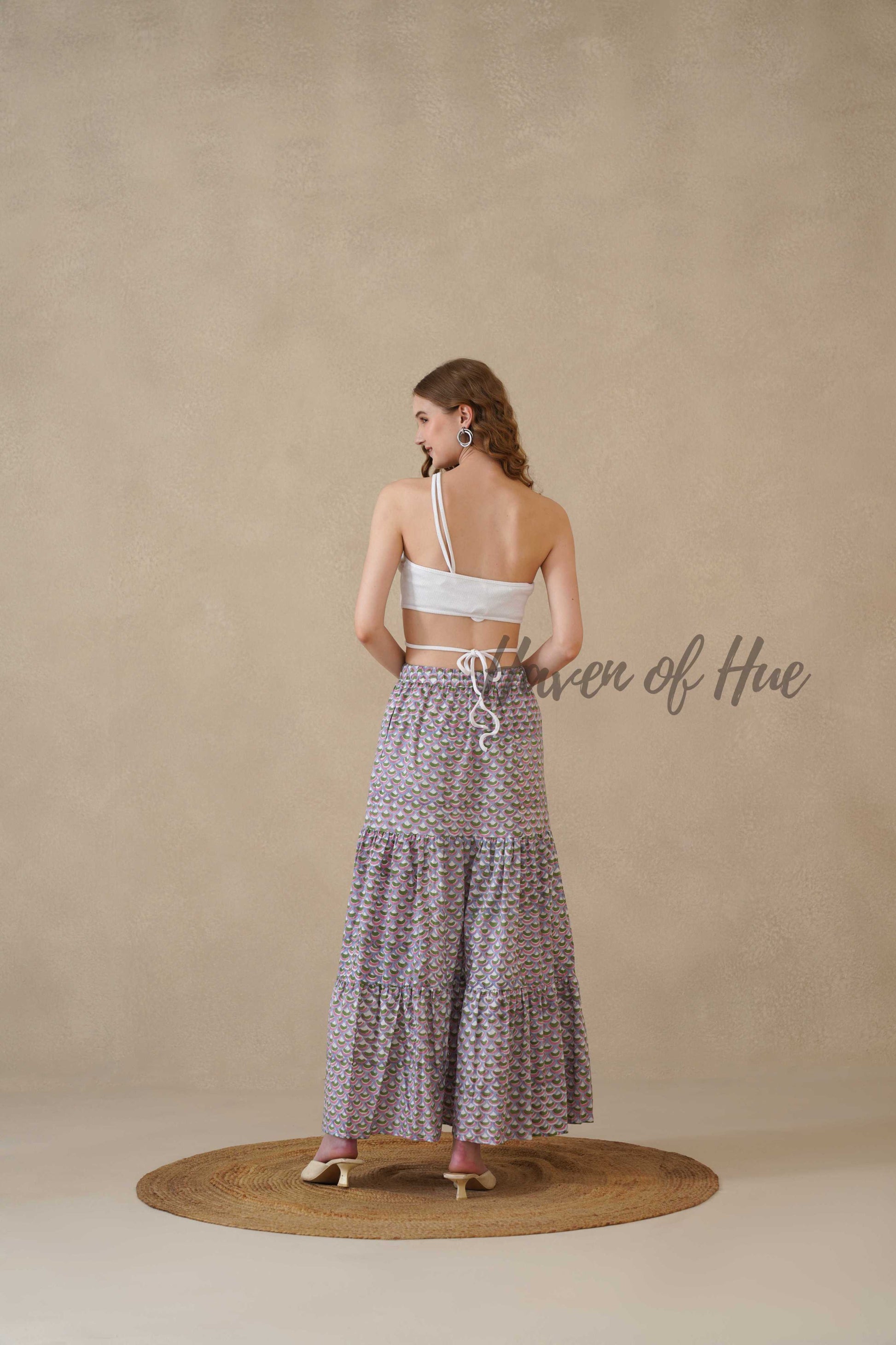 Women’s Purple Geometric Print Cotton Boho Tiered Maxi Skirt