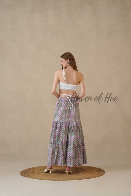 Women’s Purple Geometric Print Cotton Boho Tiered Maxi Skirt