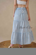 Women's Blue and White Striped Cotton Boho Tiered Maxi Skirt for Summer