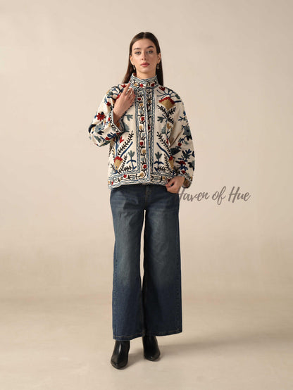 Women's Handcrafted Suzani Velvet Jacket Boho Embroidered Floral Autumn Coat