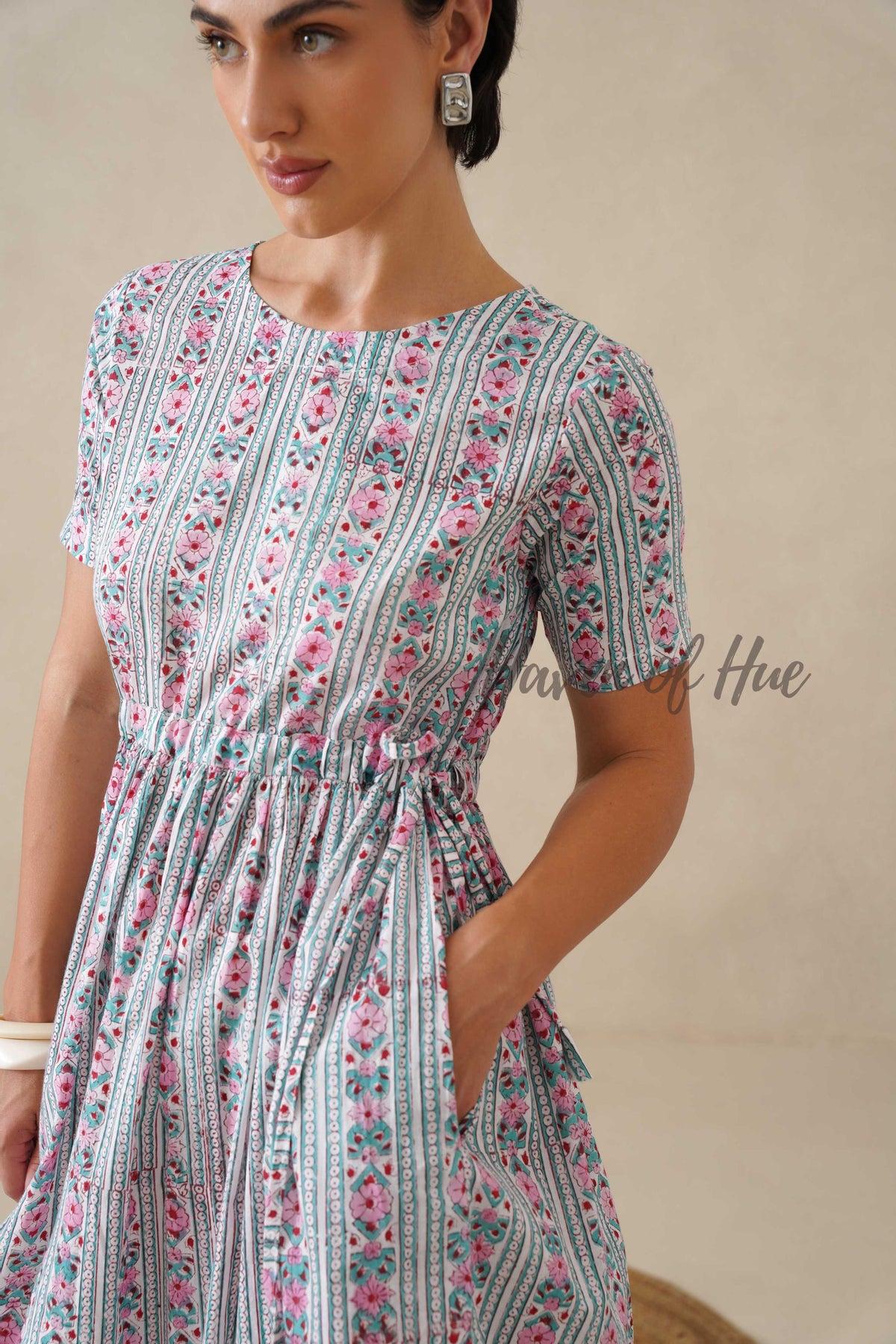 White Floral Striped Cotton Midi Dress - Teal Boho Summer Dress