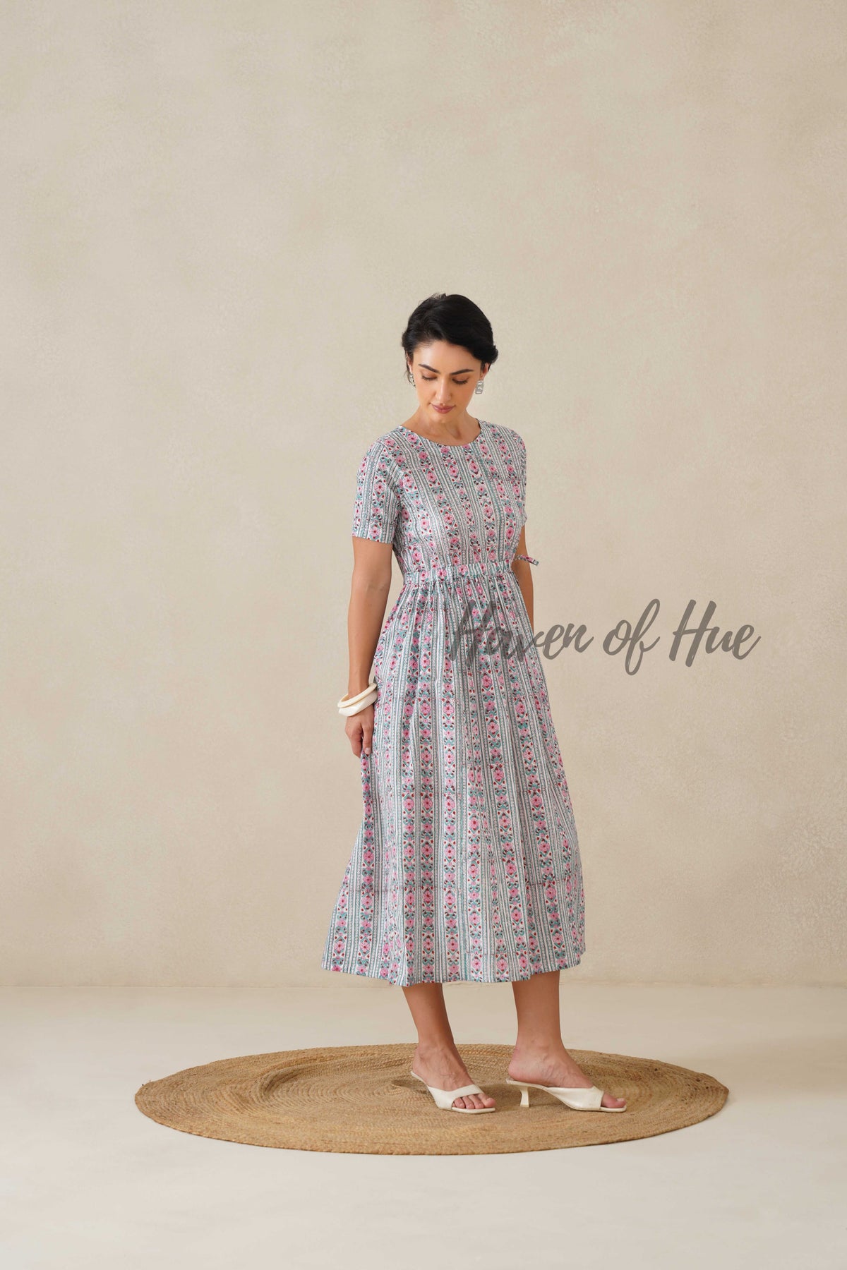 White Floral Striped Cotton Midi Dress - Teal Boho Summer Dress