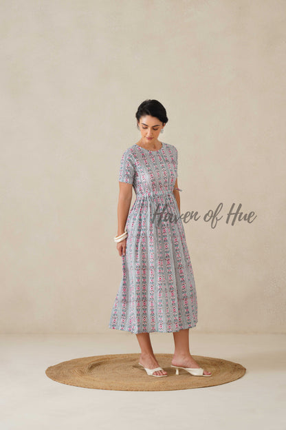 White Floral Striped Cotton Midi Dress - Teal Boho Summer Dress