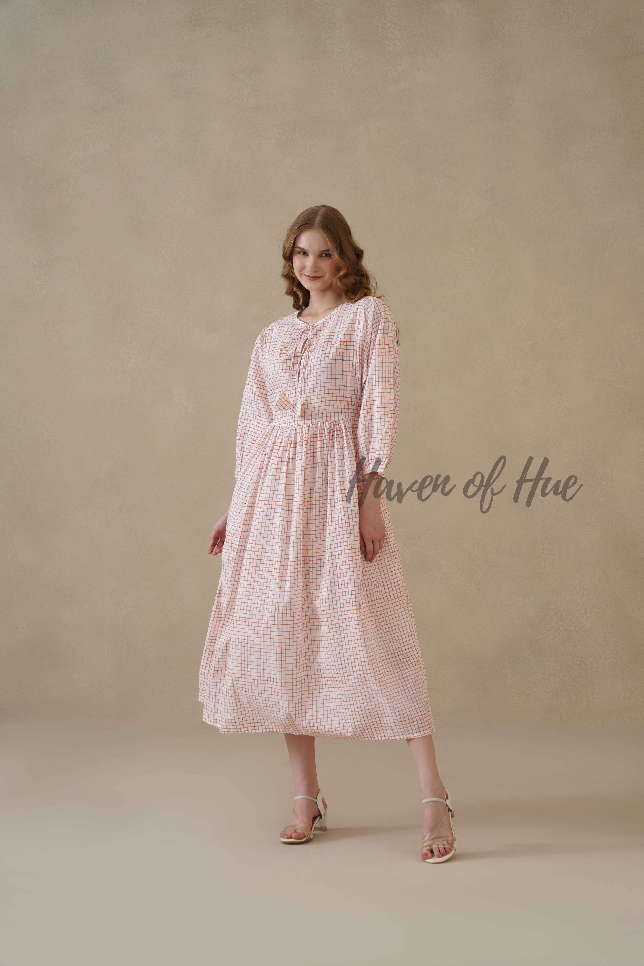 Orange Cotton Tiered Dress – Boho Floral Short Sleeve Midi