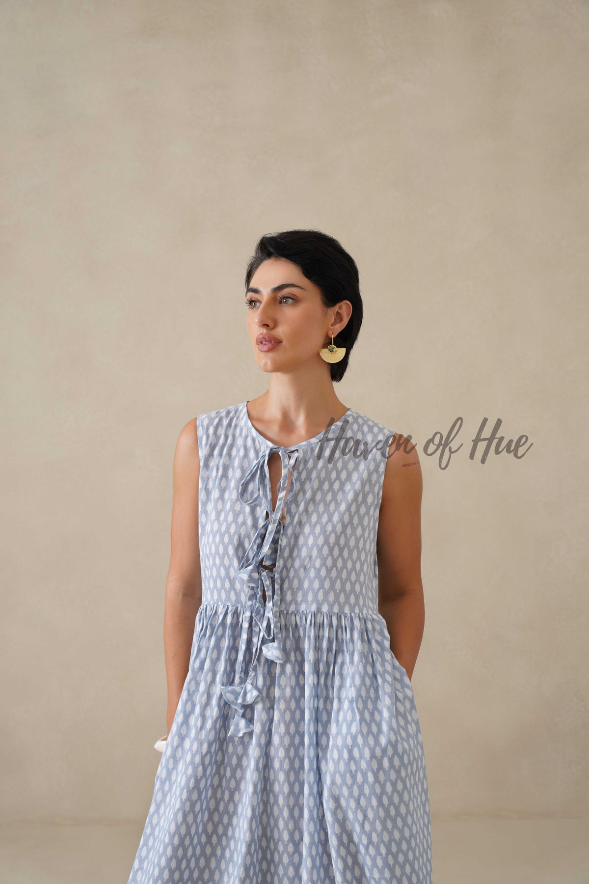 Blue Cotton Midi Dress for Women, Sleeveless Boho Summer Sundress
