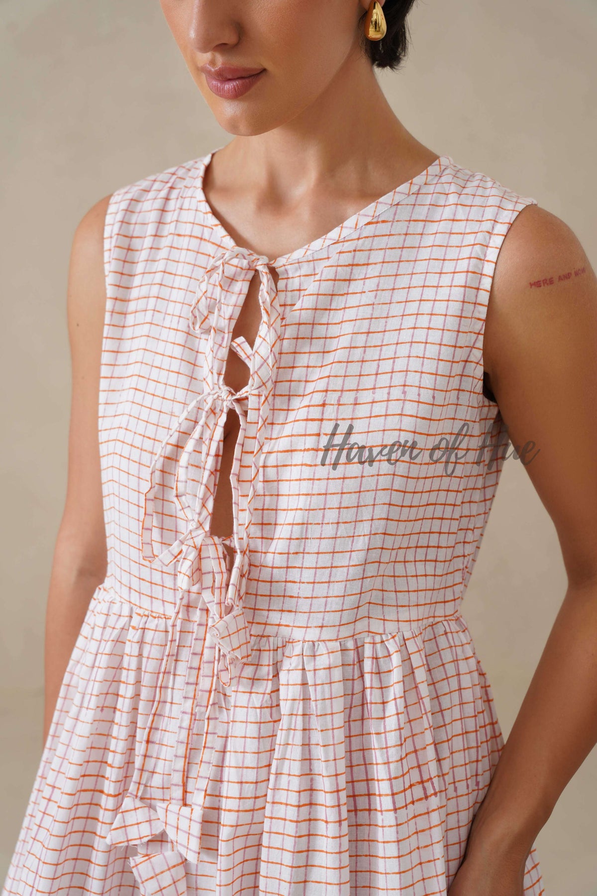 Check Cotton Midi Dress for Women, Orange Sleeveless Summer Sundress