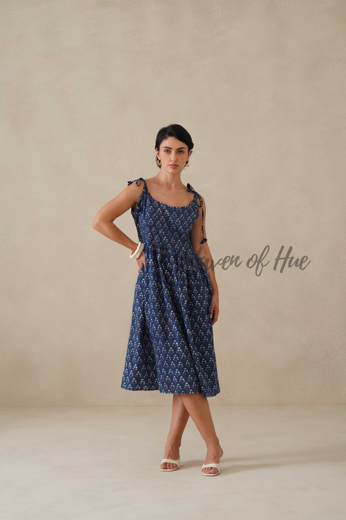 Navy Floral Cotton Dress | Tie Shoulder Summer Midi Dress