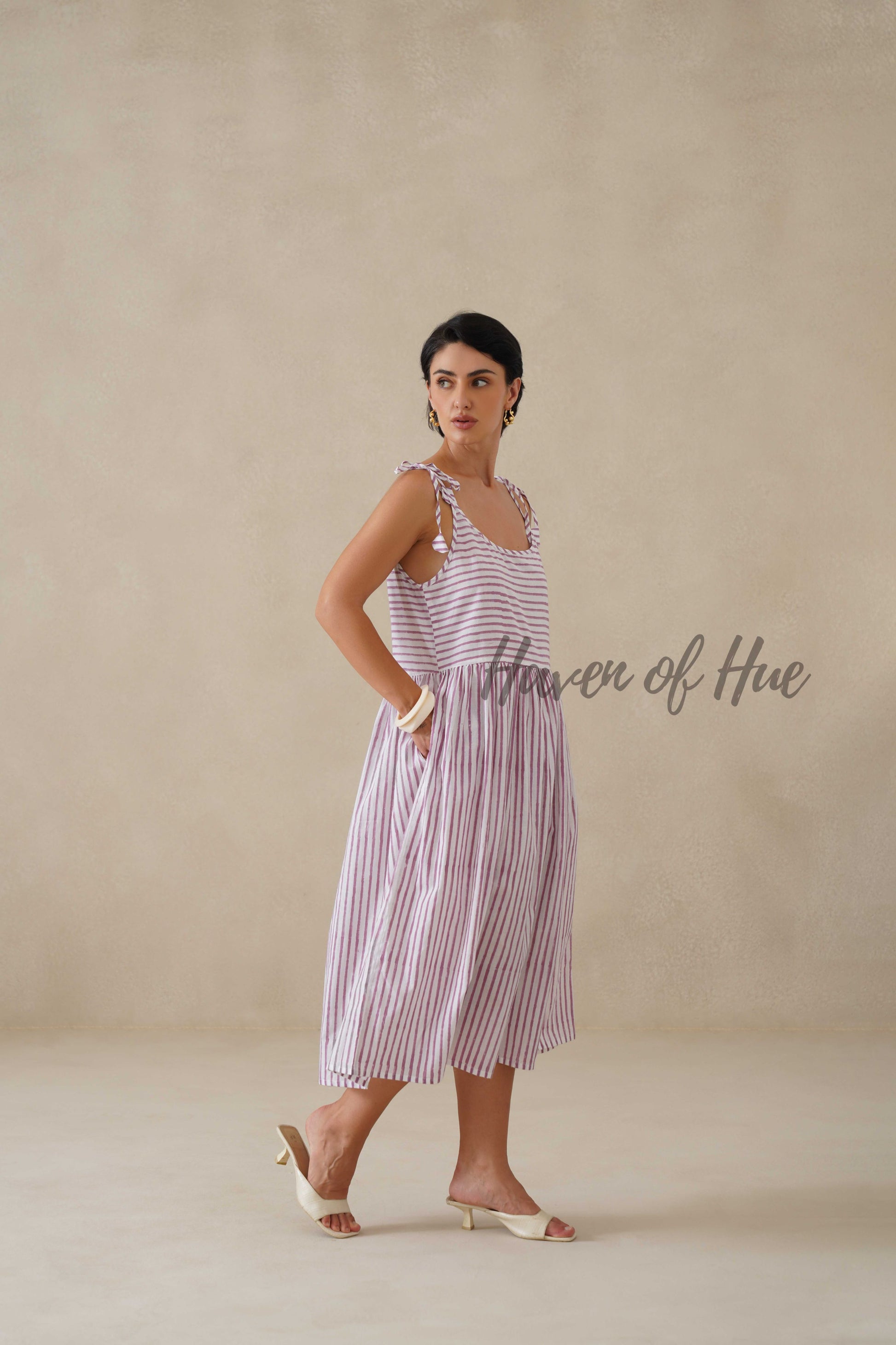 Purple Striped Cotton Dress | Tie Shoulder Summer Midi Dress