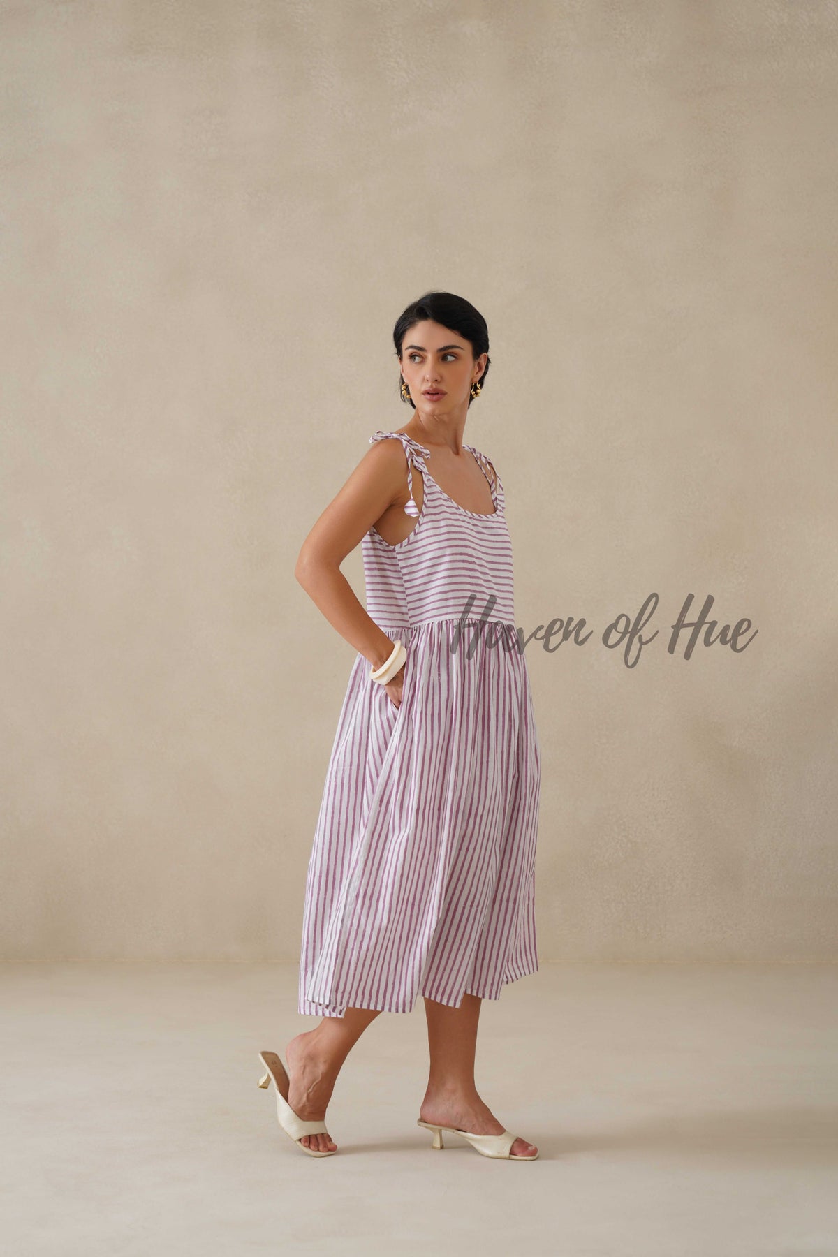 Purple Striped Cotton Dress | Tie Shoulder Summer Midi Dress